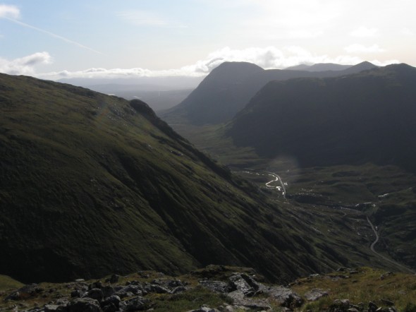 Looking east down Glen Coe towards the Buachailles and Rannoch Moor