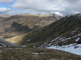 Looking back down over Lingmell Gill to the lower slopes of Lingmell, Yewbarrow, and Red Pike