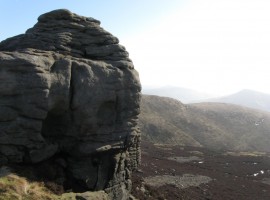 A rock at Ringing Roger with two circular depressions in its side