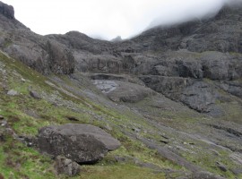 Dramatic slabby rock scenery guarding upper Coir' a' Ghrunnda