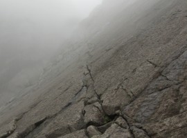 A crack running diagonally up the slab